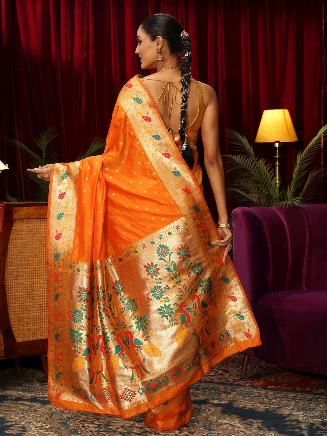 Mameraa Orange Silk Blend Paithani Saree