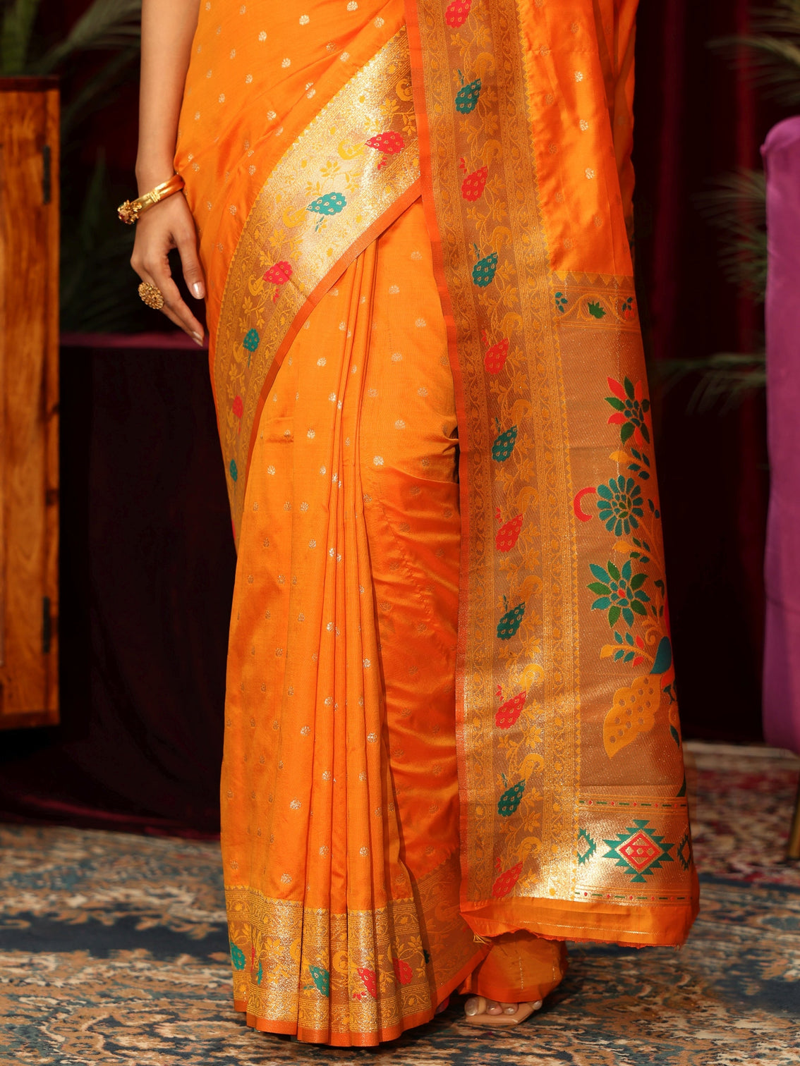 Mameraa Orange Silk Blend Paithani Saree