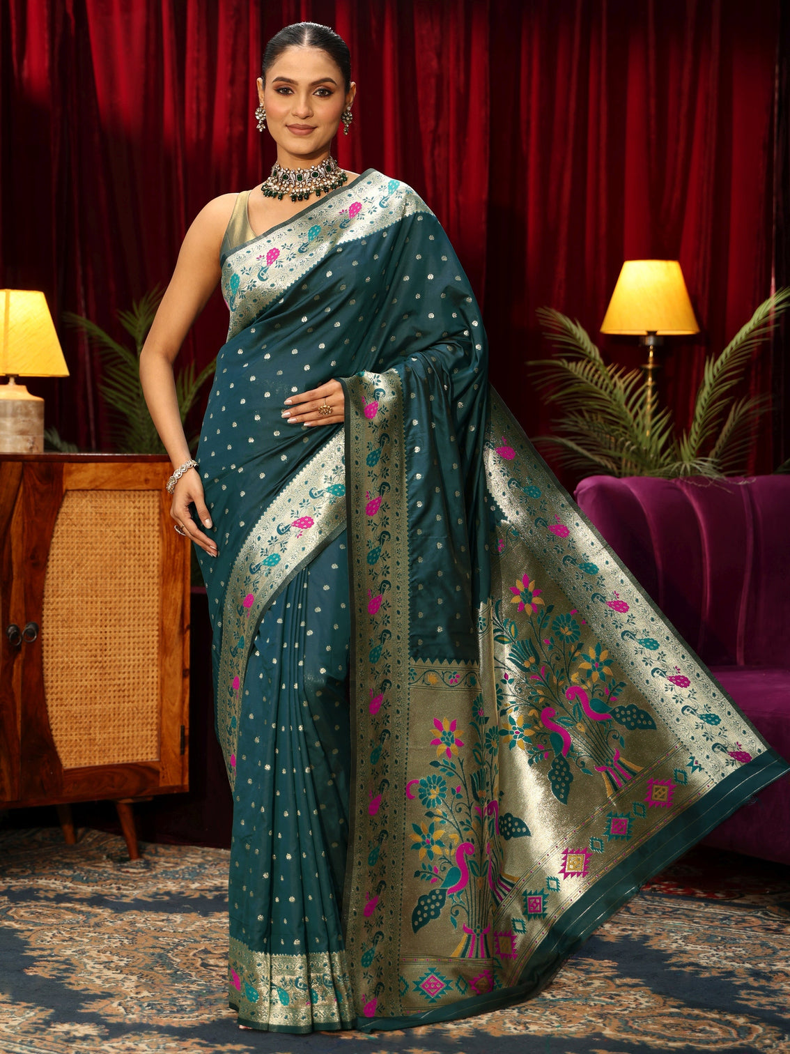 Mameraa Deep Teal Blue Silk Blend Paithani Saree