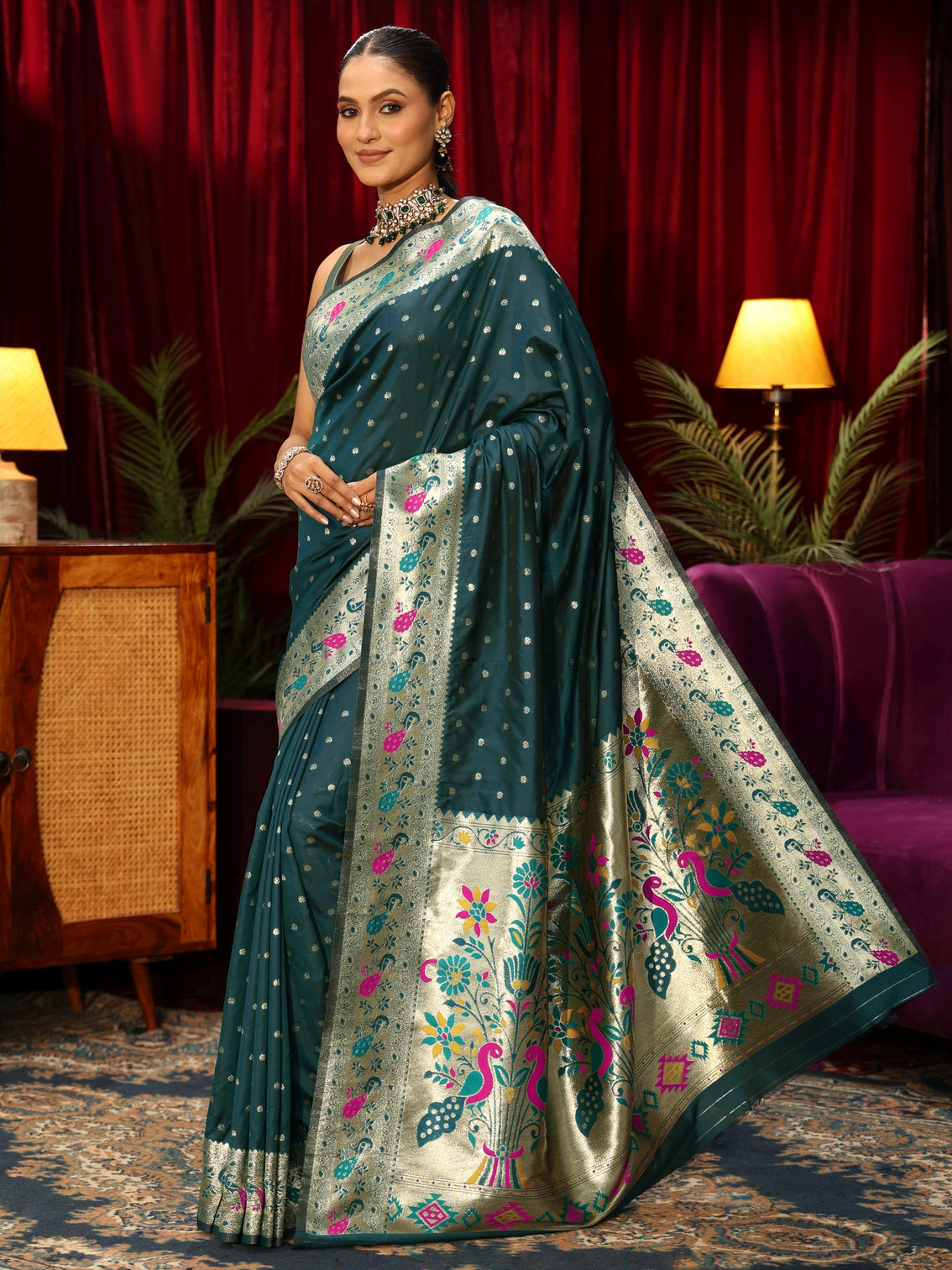 Mameraa Deep Teal Blue Silk Blend Paithani Saree