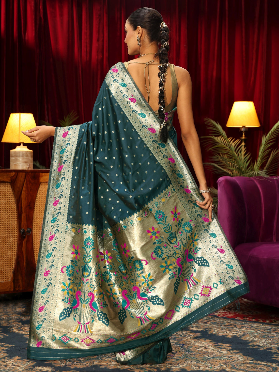Mameraa Deep Teal Blue Silk Blend Paithani Saree