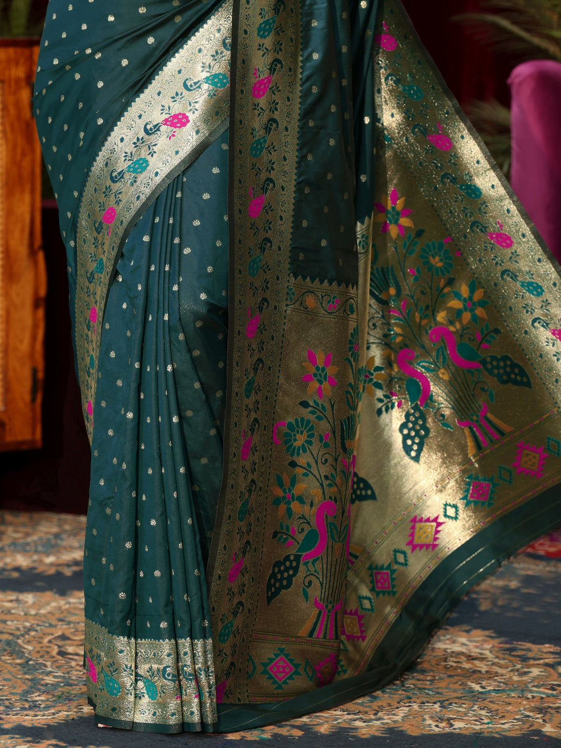 Mameraa Deep Teal Blue Silk Blend Paithani Saree