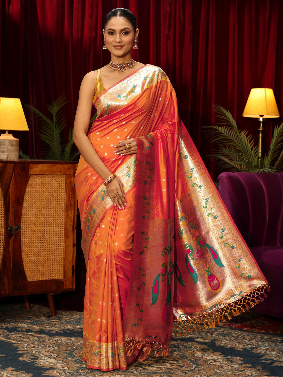 Mameraa Orange Silk Blend Paithani Tassel Saree