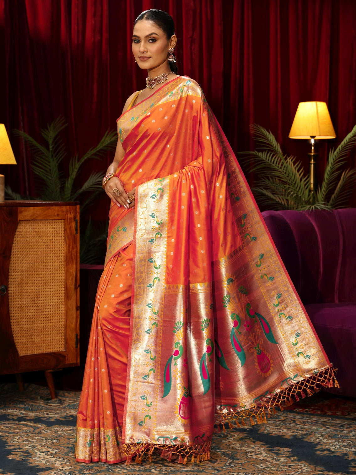 Mameraa Orange Silk Blend Paithani Tassel Saree