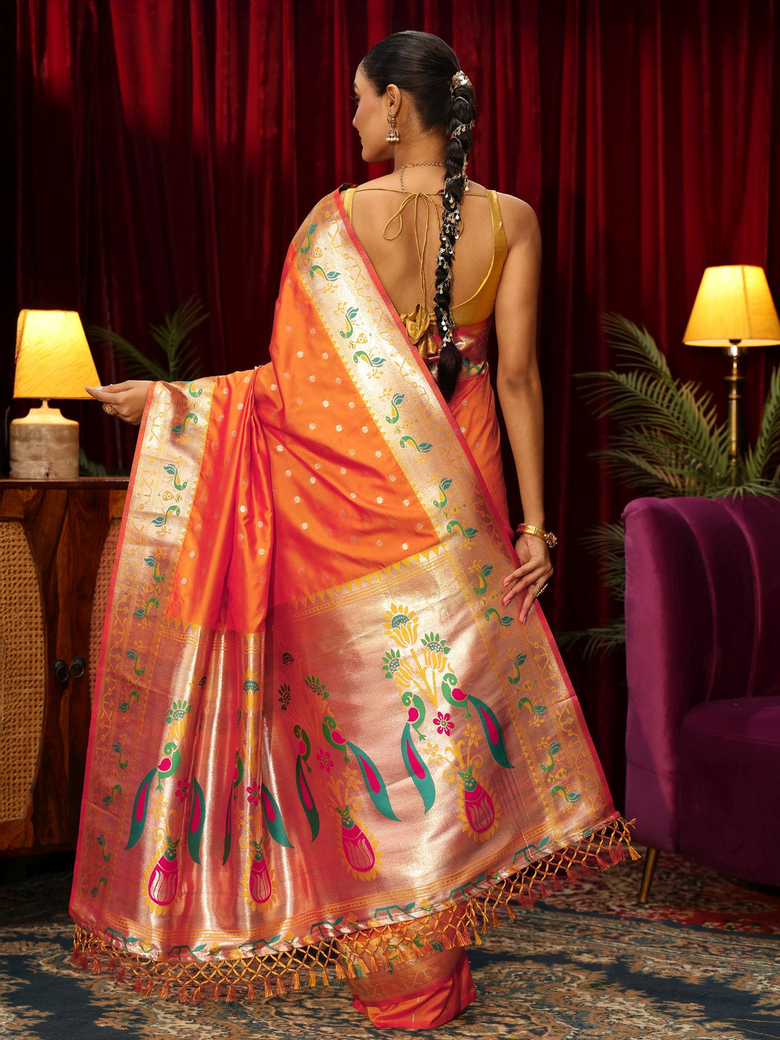 Mameraa Orange Silk Blend Paithani Tassel Saree