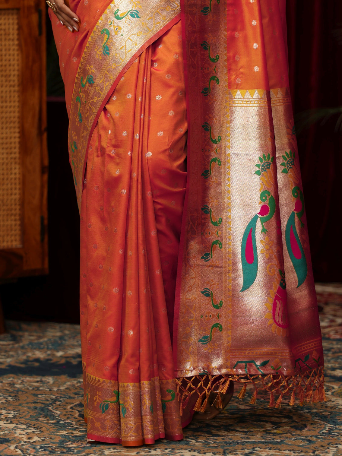 Mameraa Orange Silk Blend Paithani Tassel Saree