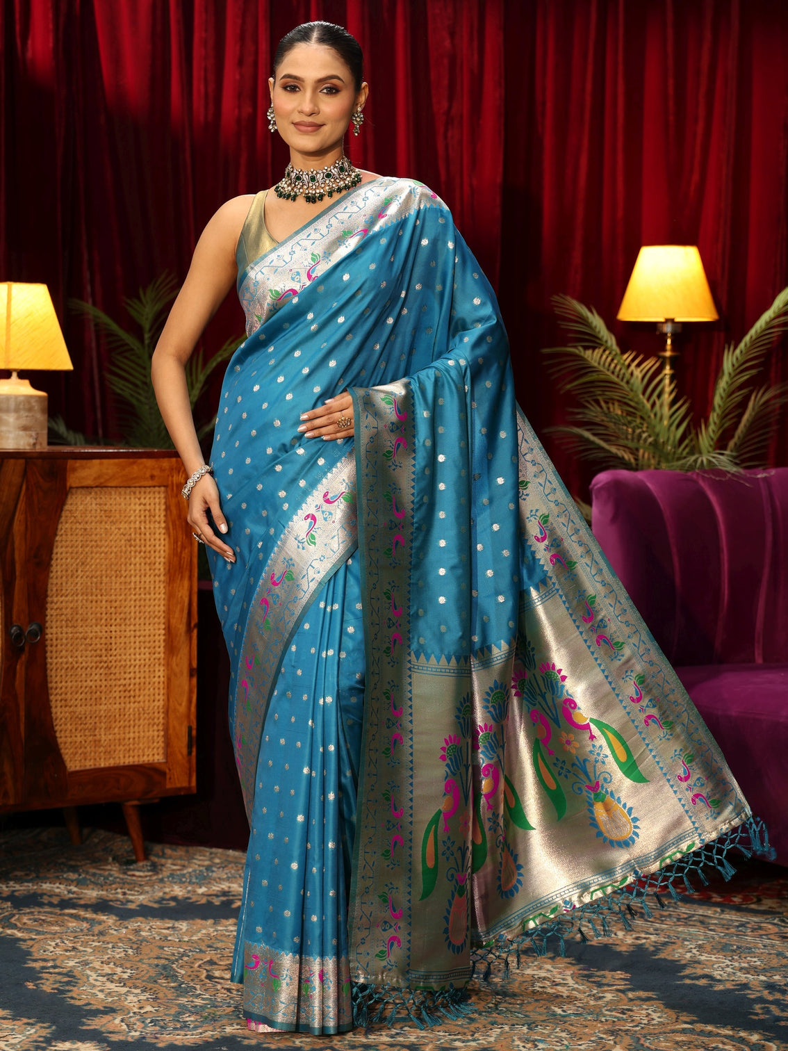 Mameraa Teal Blue Silk Blend Paithani Tassel Saree