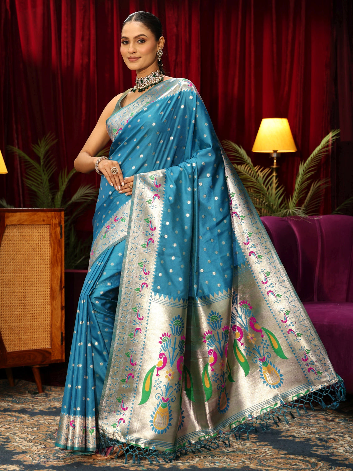 Mameraa Teal Blue Silk Blend Paithani Tassel Saree