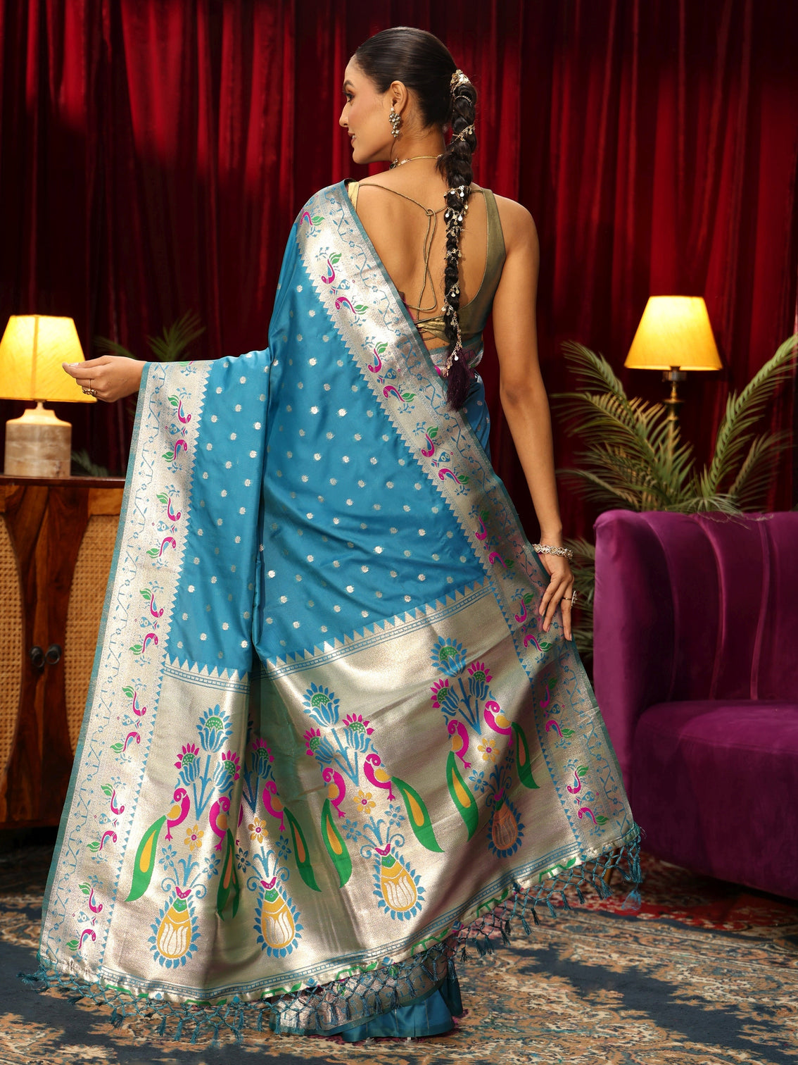 Mameraa Teal Blue Silk Blend Paithani Tassel Saree