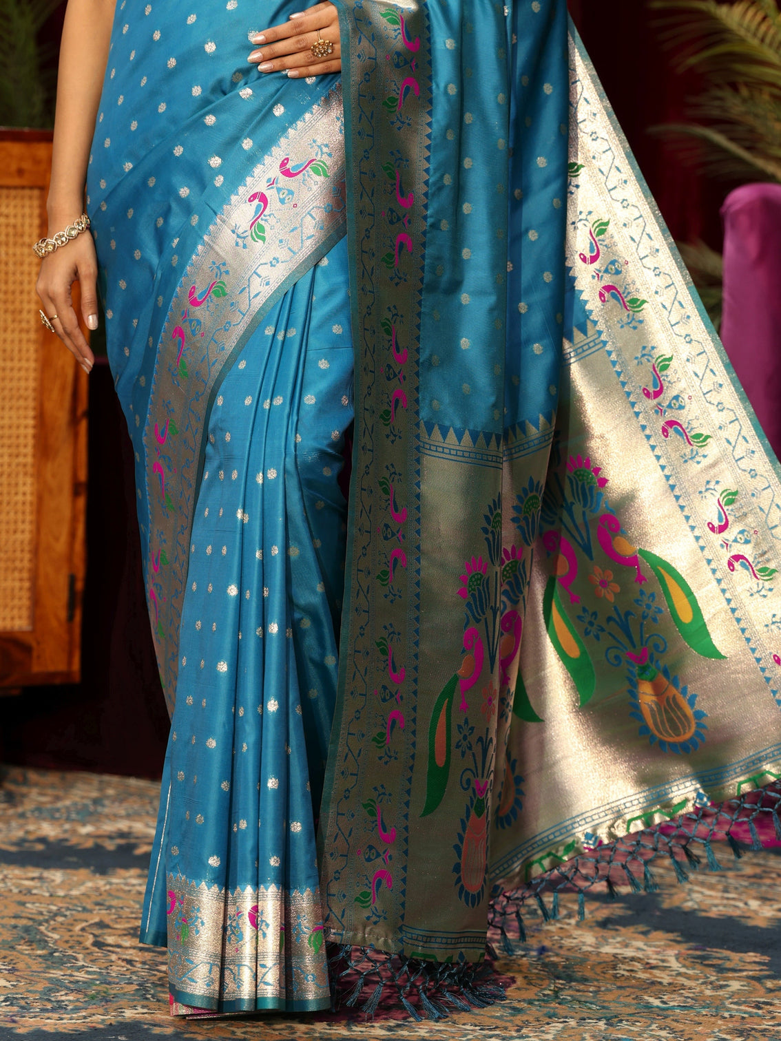 Mameraa Teal Blue Silk Blend Paithani Tassel Saree