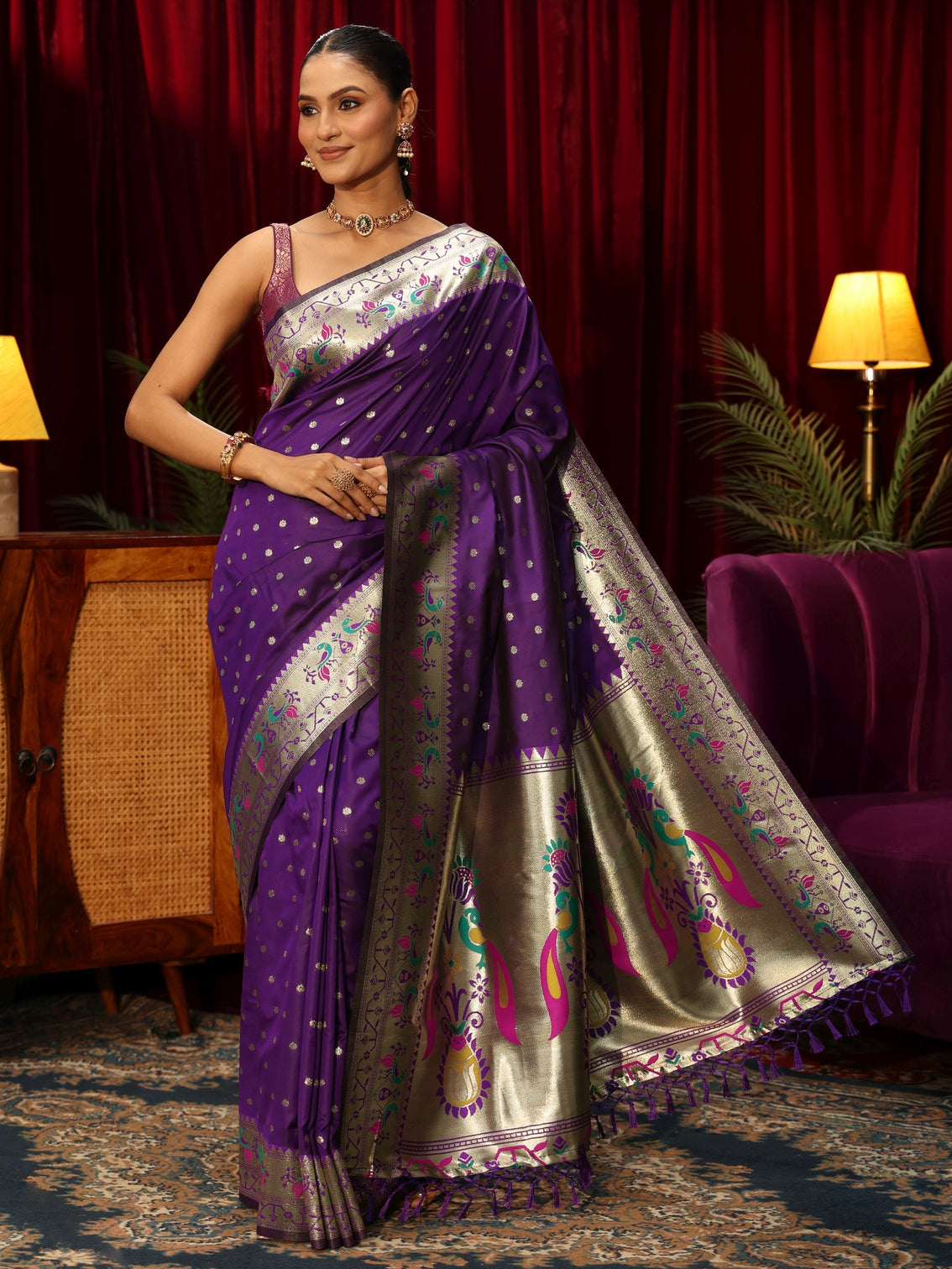 Mameraa Royal Purple Silk Blend Paithani Tassel Saree