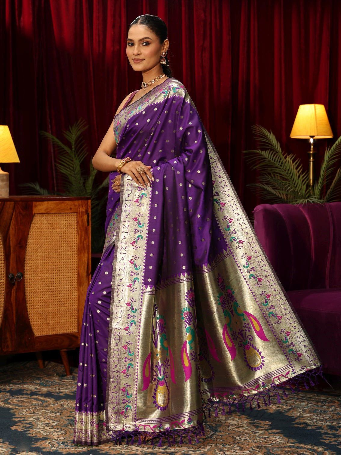 Mameraa Royal Purple Silk Blend Paithani Tassel Saree
