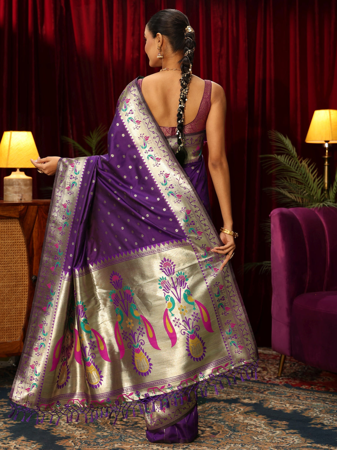 Mameraa Royal Purple Silk Blend Paithani Tassel Saree