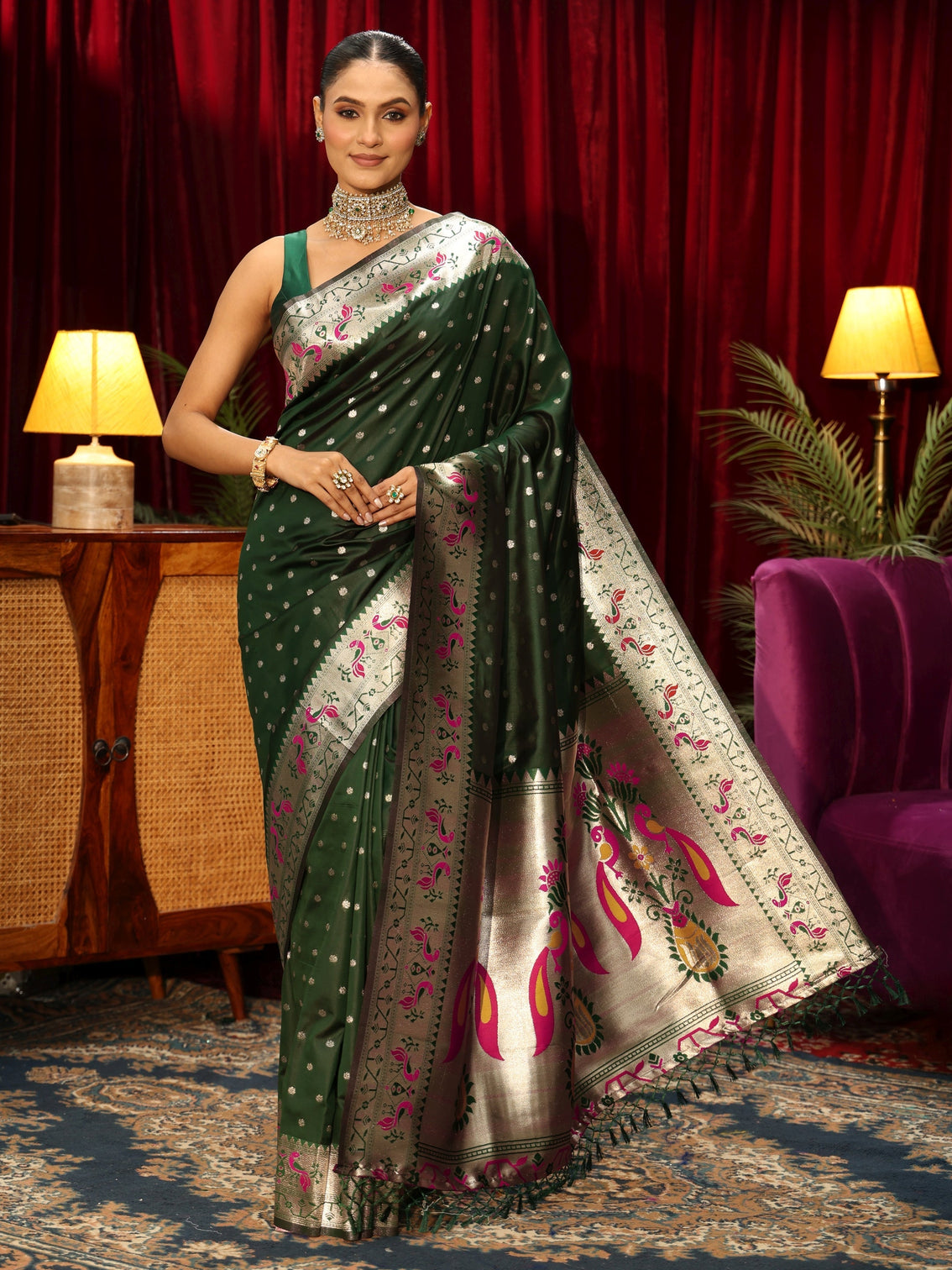 Mameraa Dark Green Silk Blend Paithani Tassel Saree