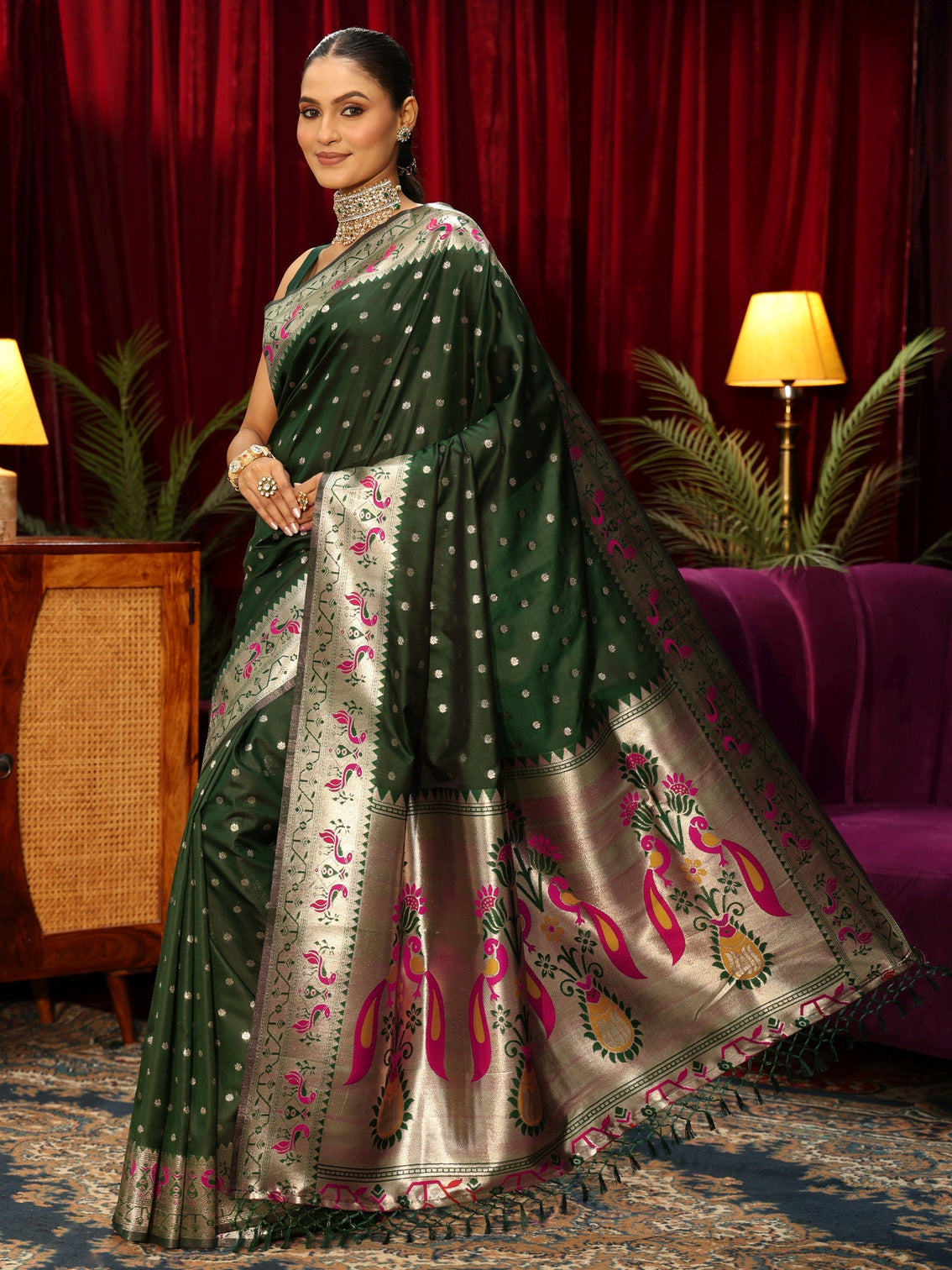 Mameraa Dark Green Silk Blend Paithani Tassel Saree