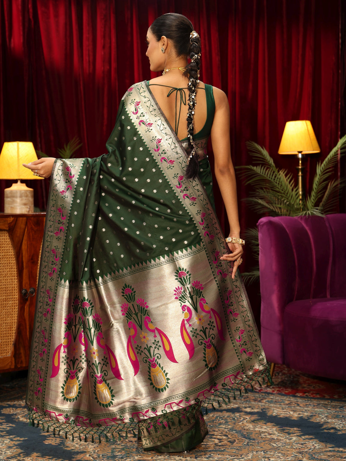 Mameraa Dark Green Silk Blend Paithani Tassel Saree