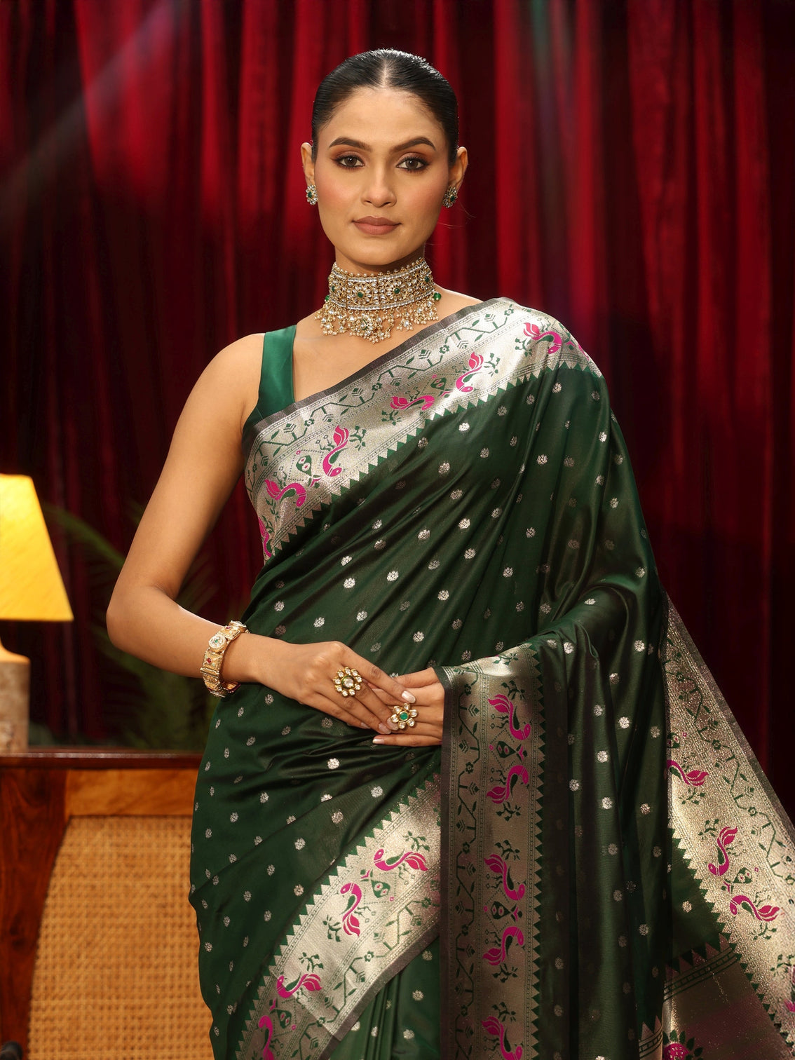 Mameraa Dark Green Silk Blend Paithani Tassel Saree