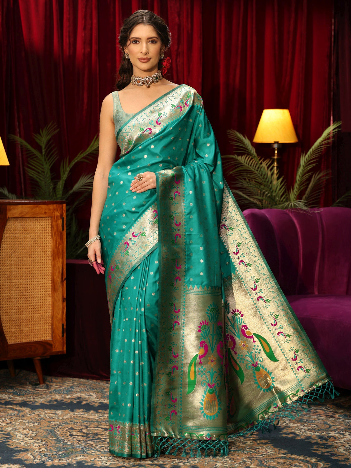 Mameraa Sea Green Silk Blend Paithani Tassel Saree