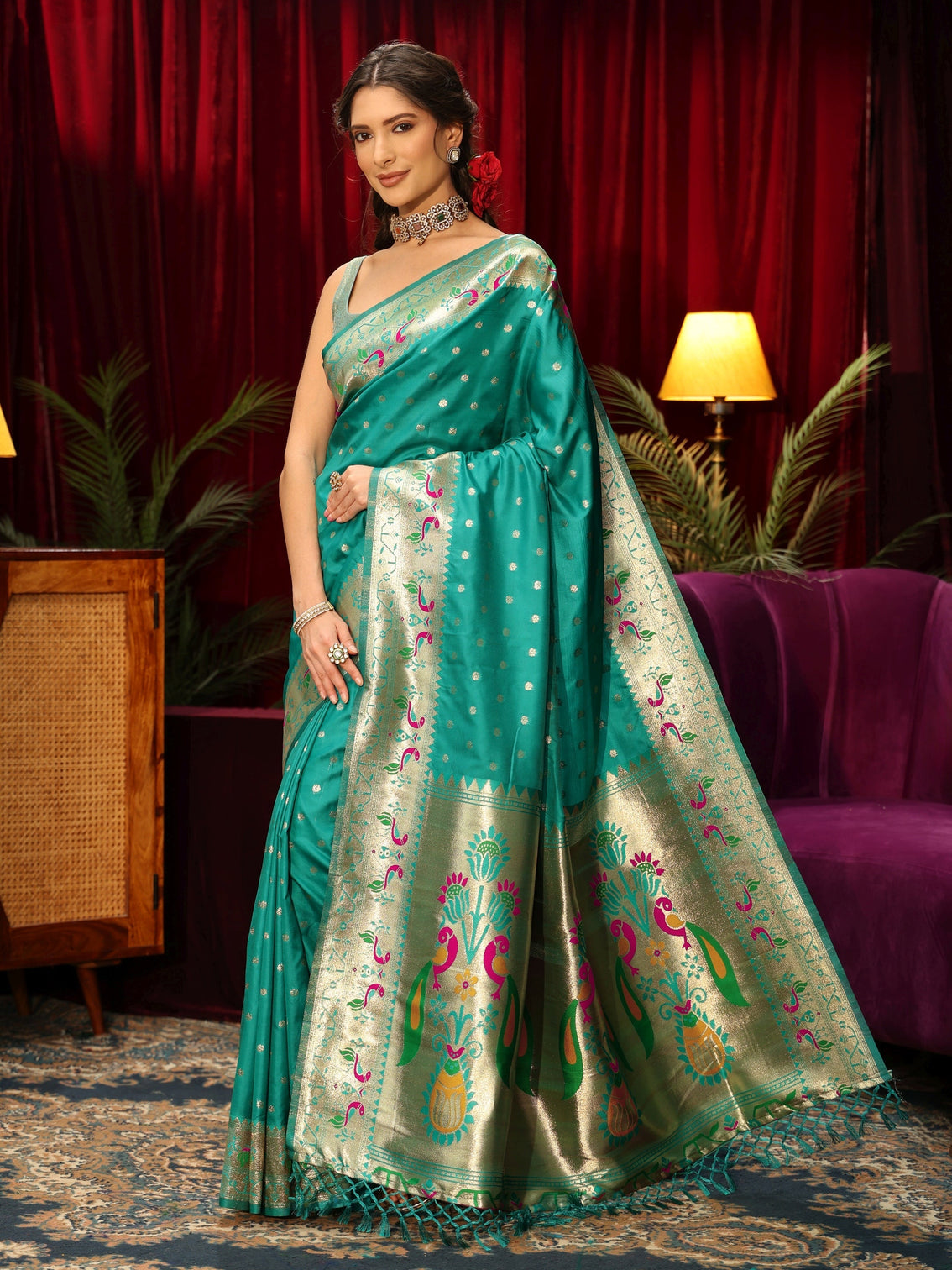 Mameraa Sea Green Silk Blend Paithani Tassel Saree