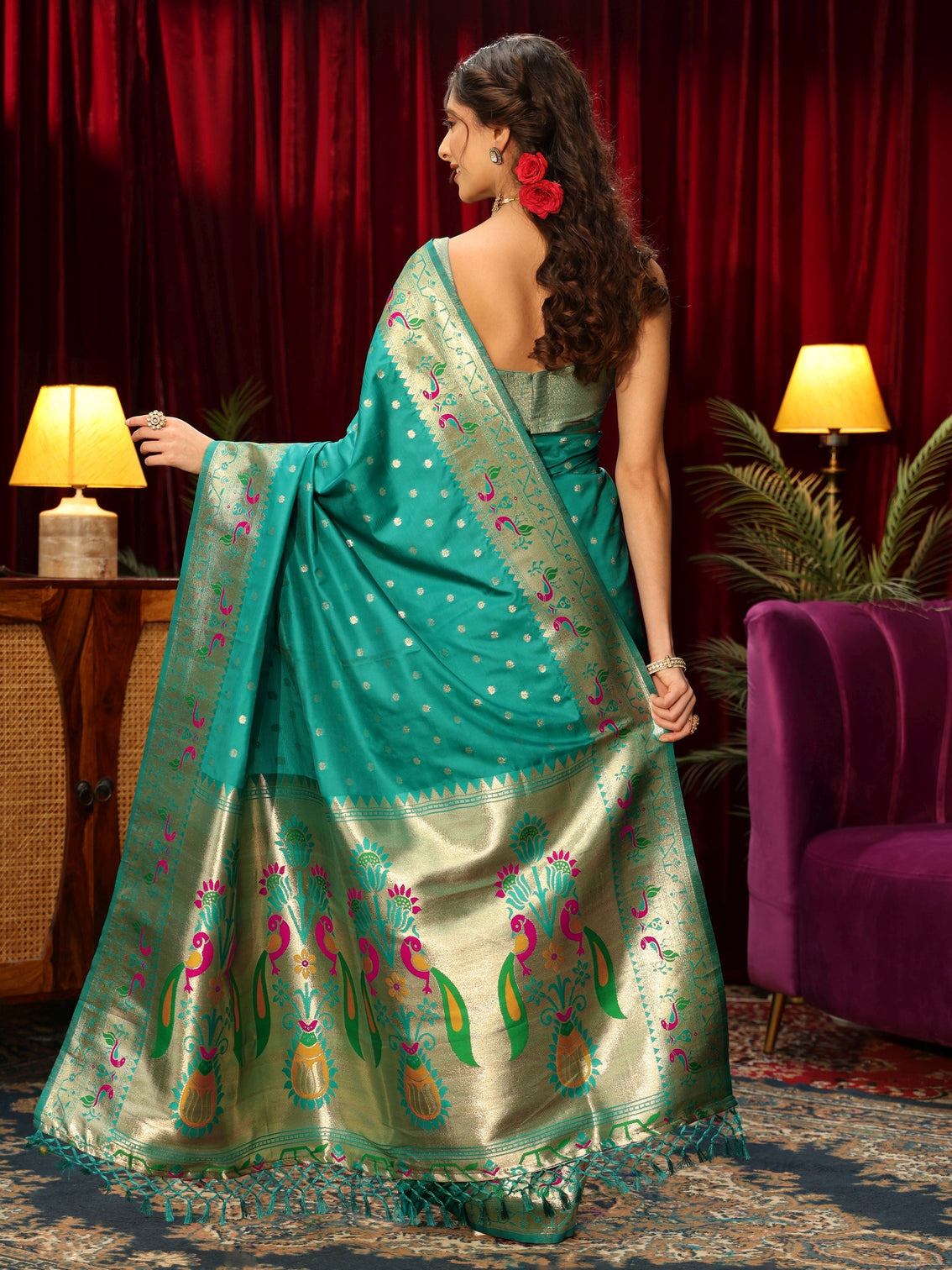 Mameraa Sea Green Silk Blend Paithani Tassel Saree