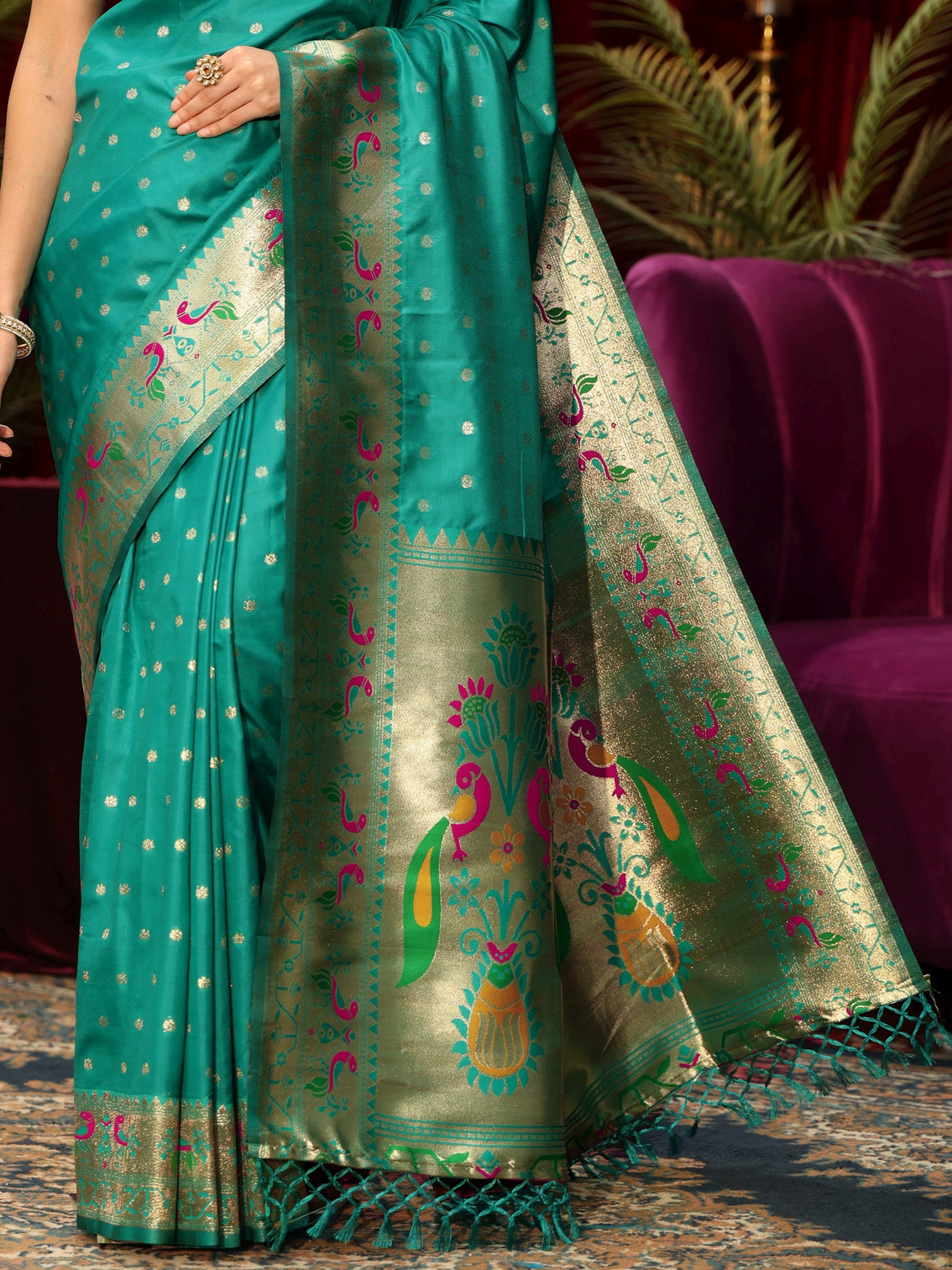 Mameraa Sea Green Silk Blend Paithani Tassel Saree