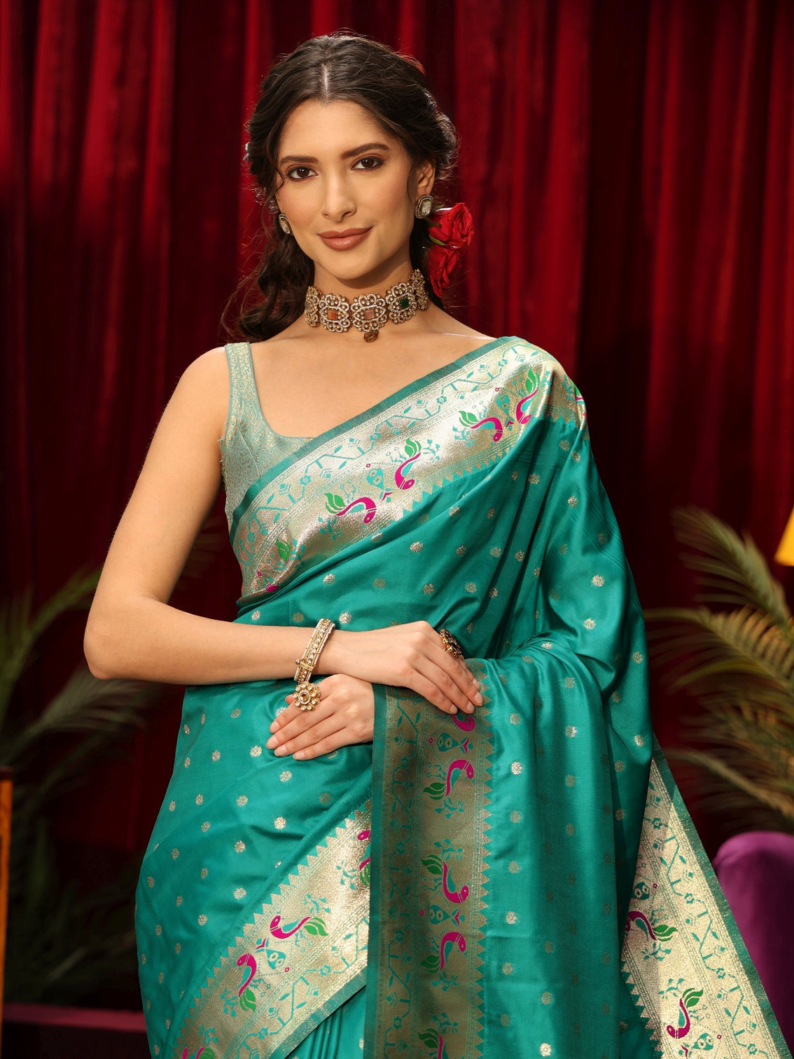 Mameraa Sea Green Silk Blend Paithani Tassel Saree