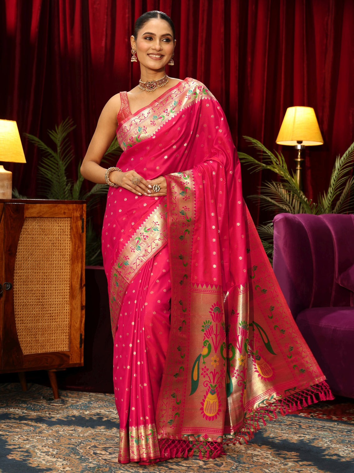 Mameraa Rani Pink Silk Blend Paithani Tassel Saree