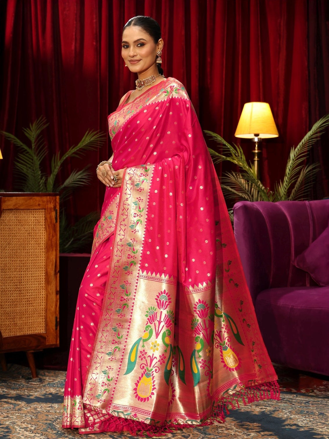 Mameraa Rani Pink Silk Blend Paithani Tassel Saree