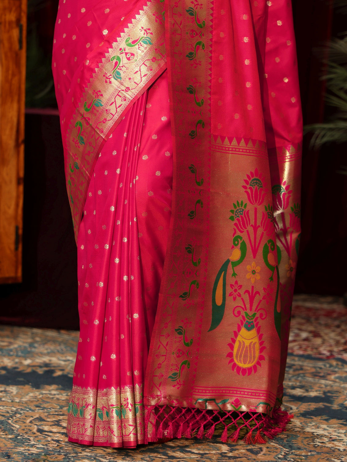 Mameraa Rani Pink Silk Blend Paithani Tassel Saree