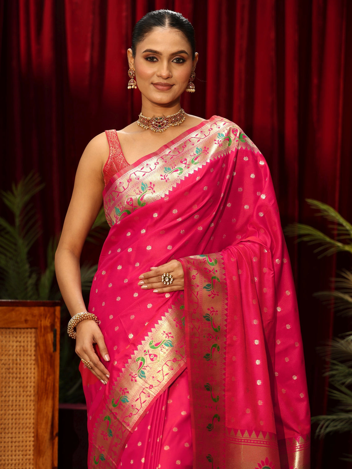 Mameraa Rani Pink Silk Blend Paithani Tassel Saree