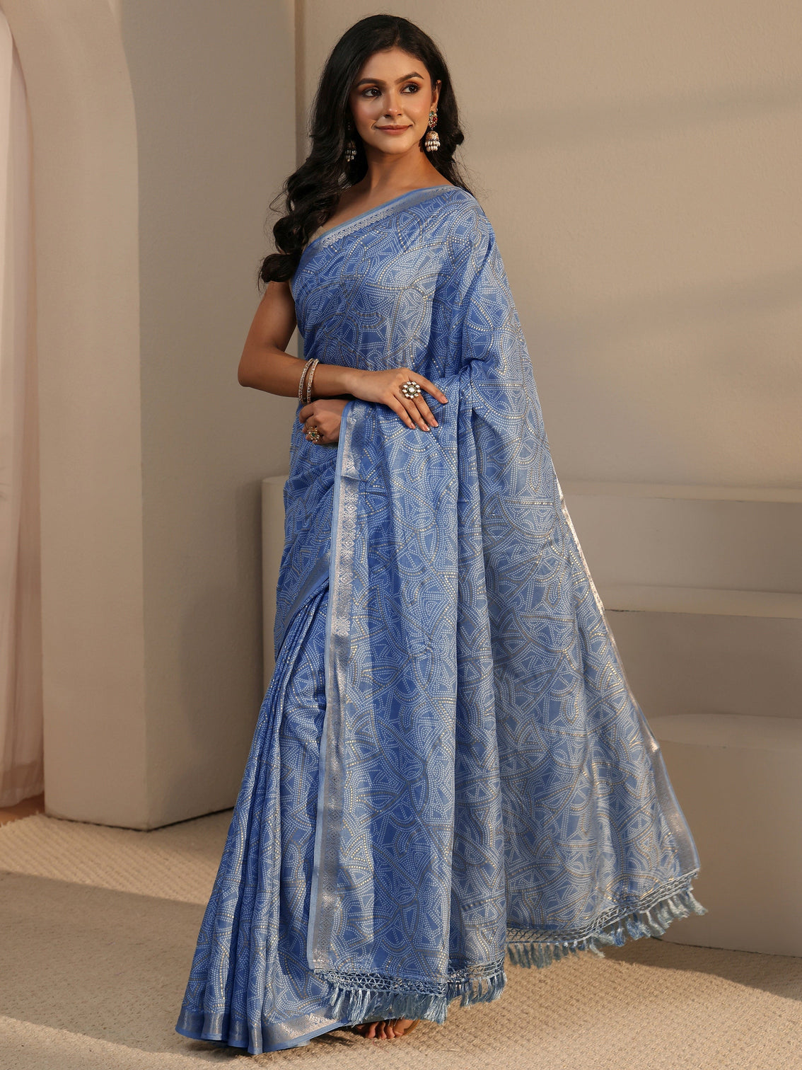 Mameraa Blue Bandhani Printed Silk Blend Tassel Saree