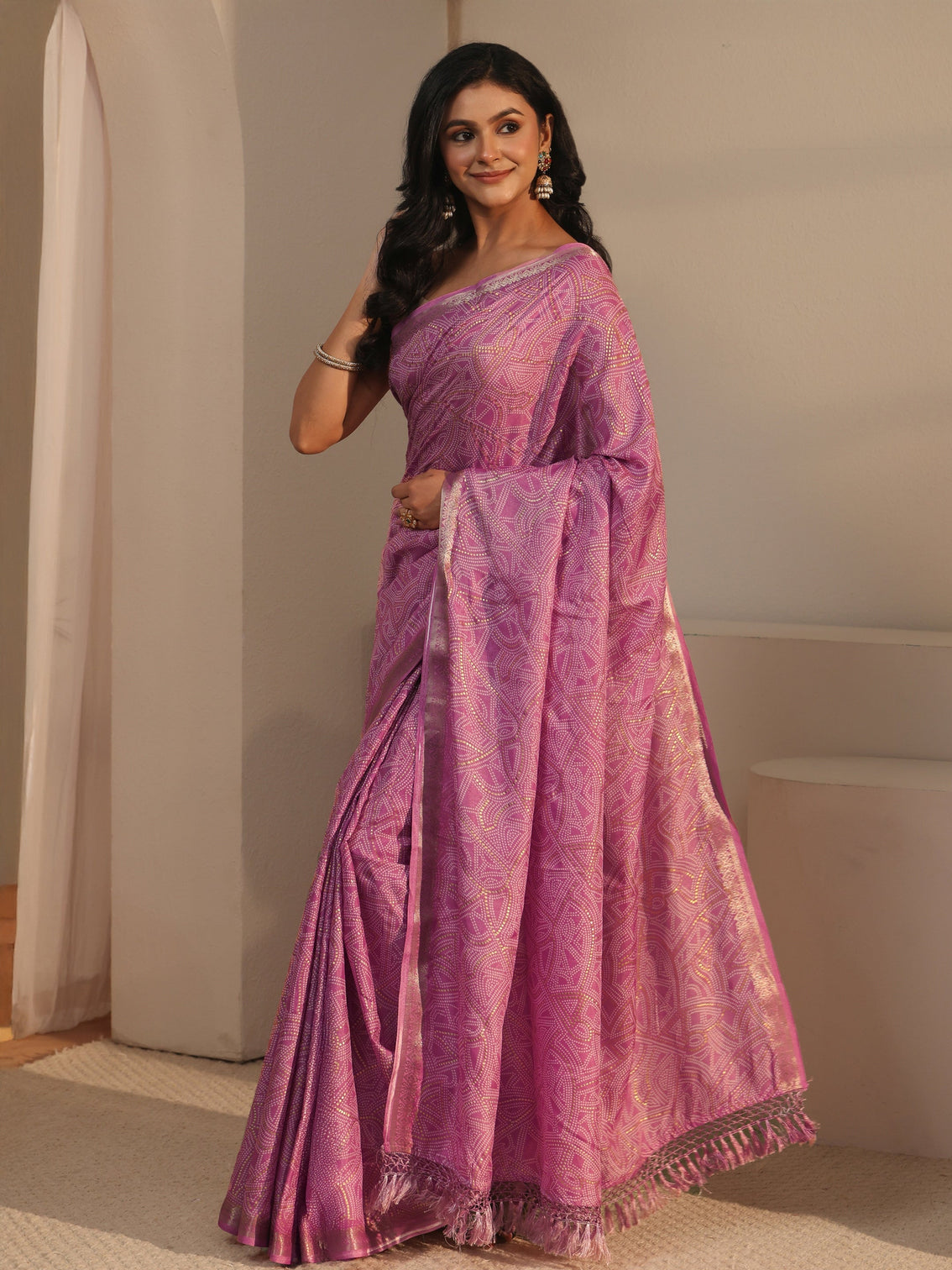 Mameraa Pink Bandhani Printed Silk Blend Tassel Saree