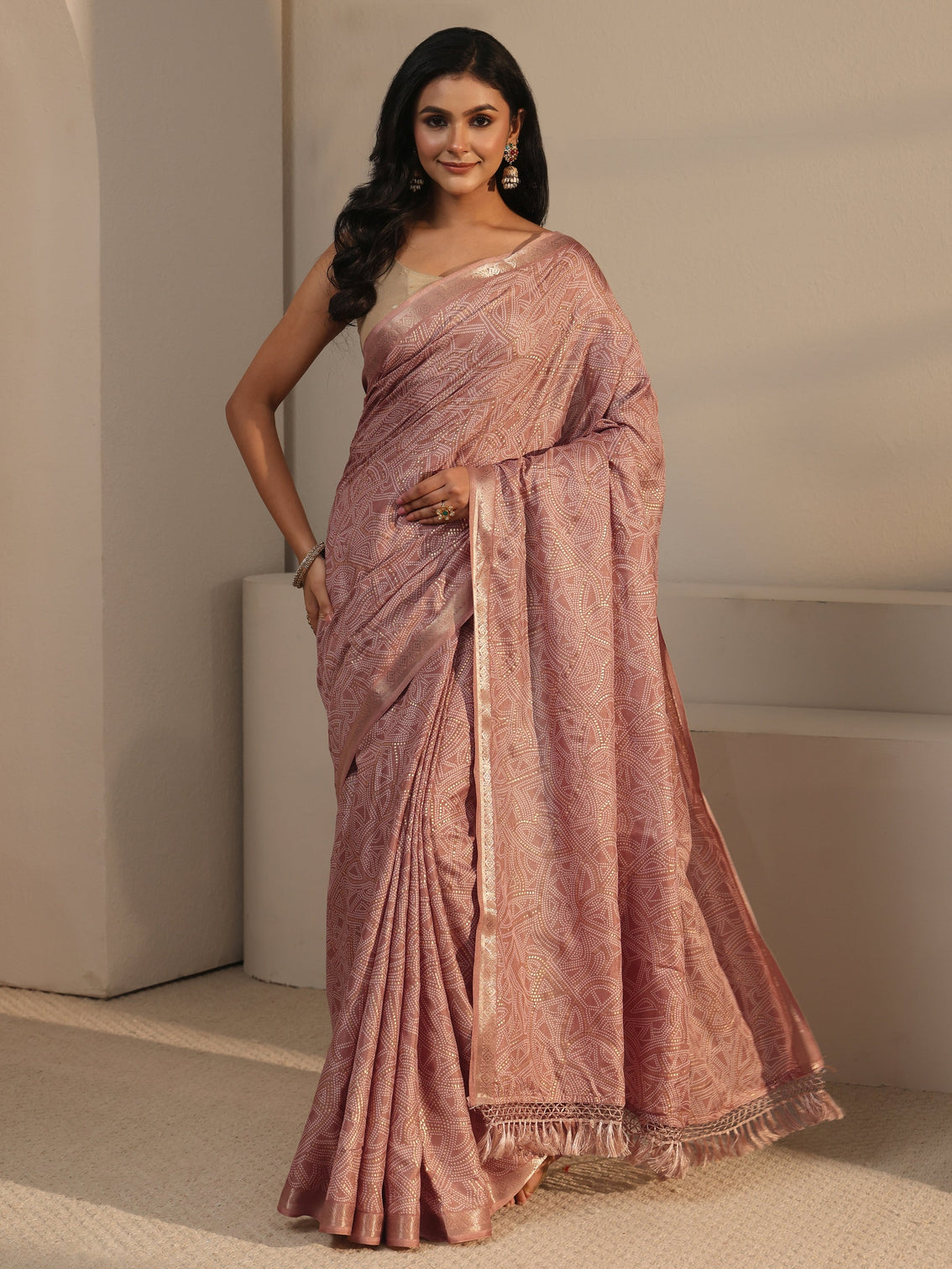 Mameraa Mauve Bandhani Printed Silk Blend Tassel Saree