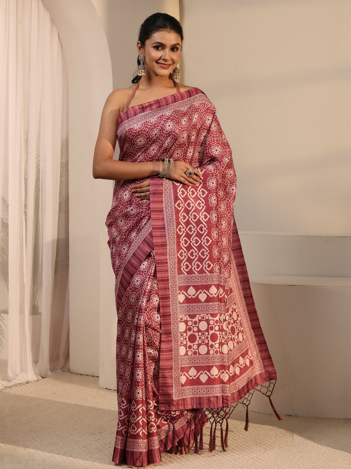 Mameraa Brown Printed Silk Blend Tassel Saree