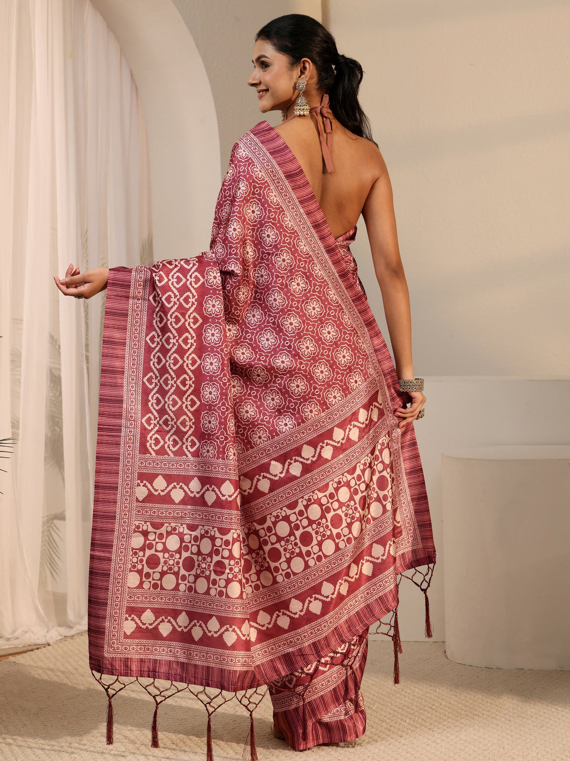 Mameraa Brown Printed Silk Blend Tassel Saree