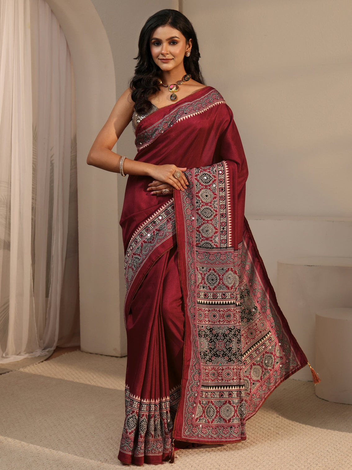 Mameraa Maroon Silk Blend Saree with Ajrakh Printed Pallu