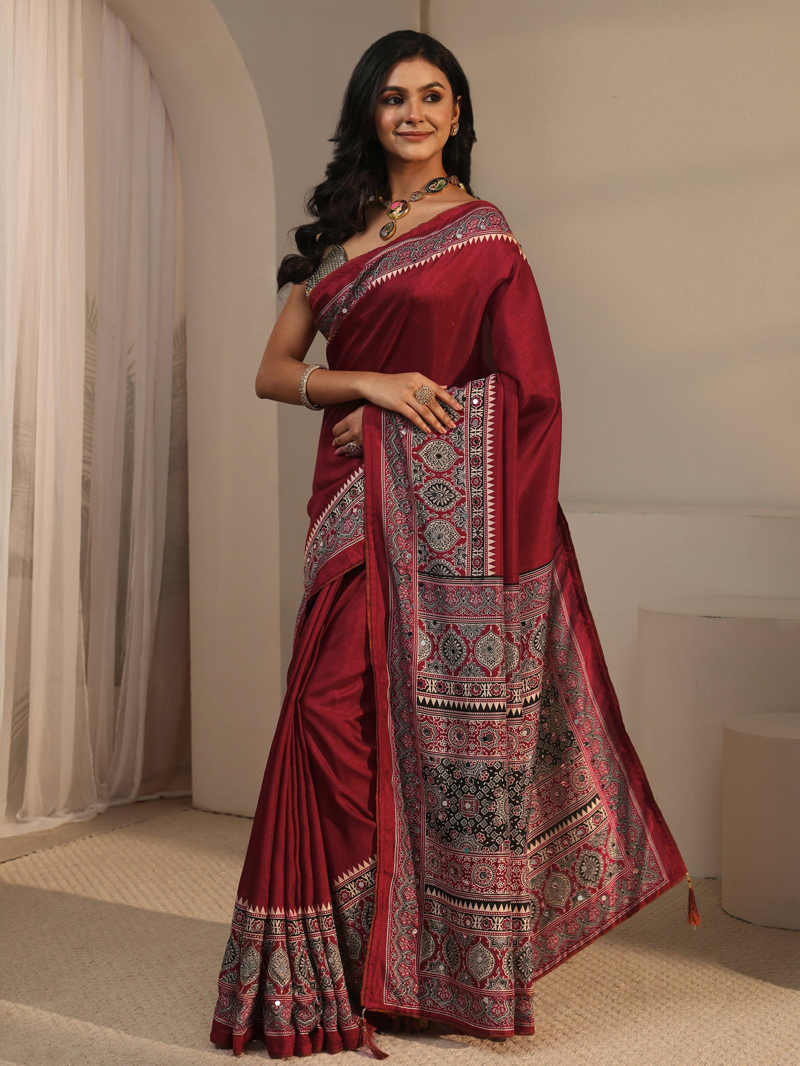 Mameraa Maroon Silk Blend Saree with Ajrakh Printed Pallu
