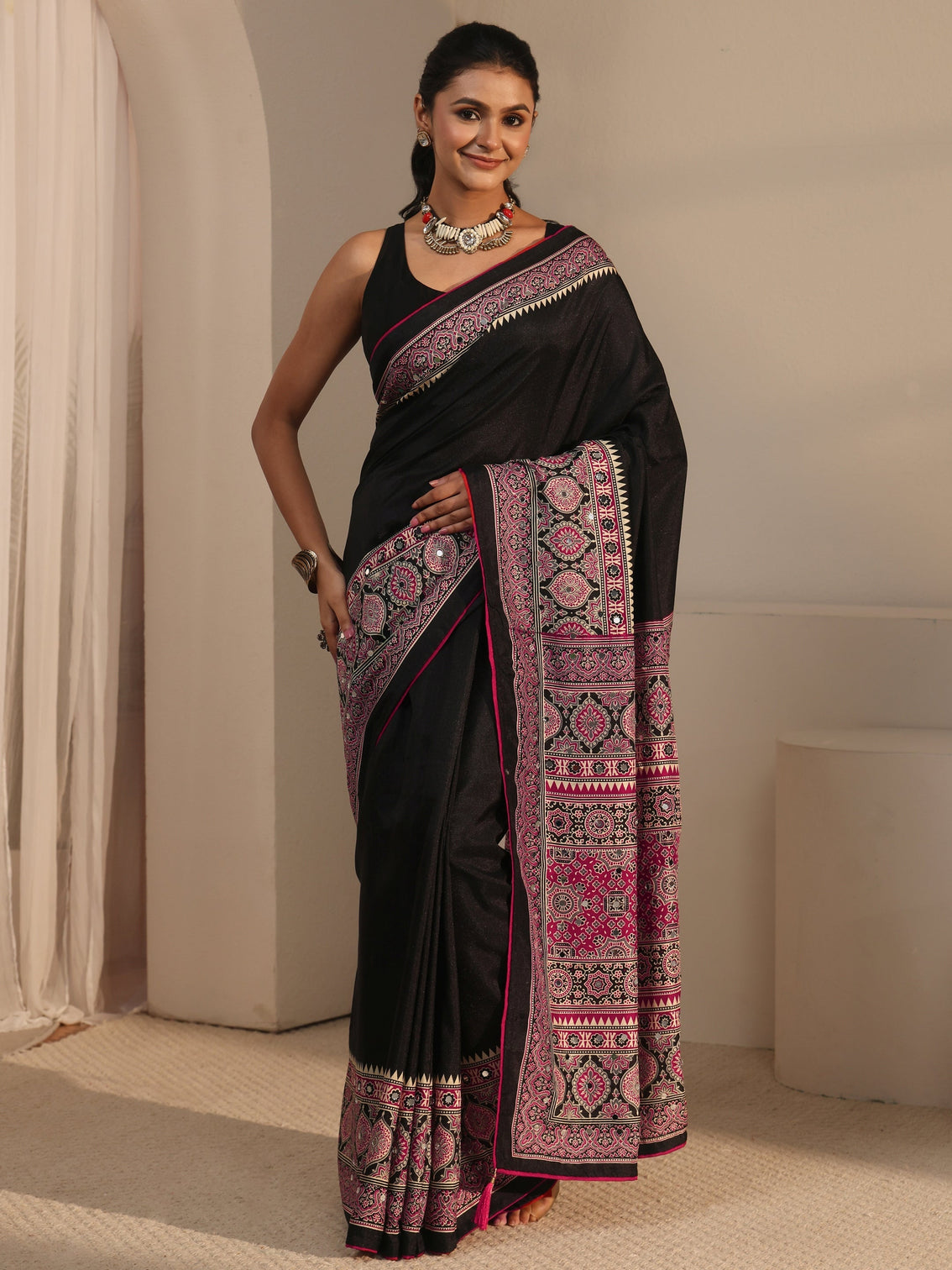 Mameraa Black Silk Blend Saree with Ajrakh Printed Pallu