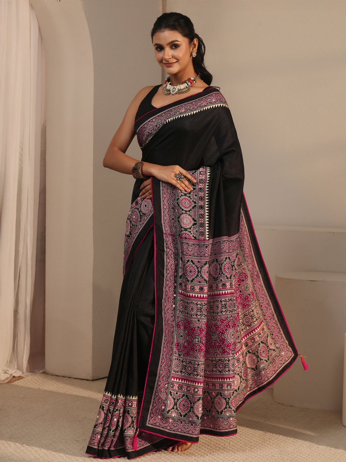 Mameraa Black Silk Blend Saree with Ajrakh Printed Pallu