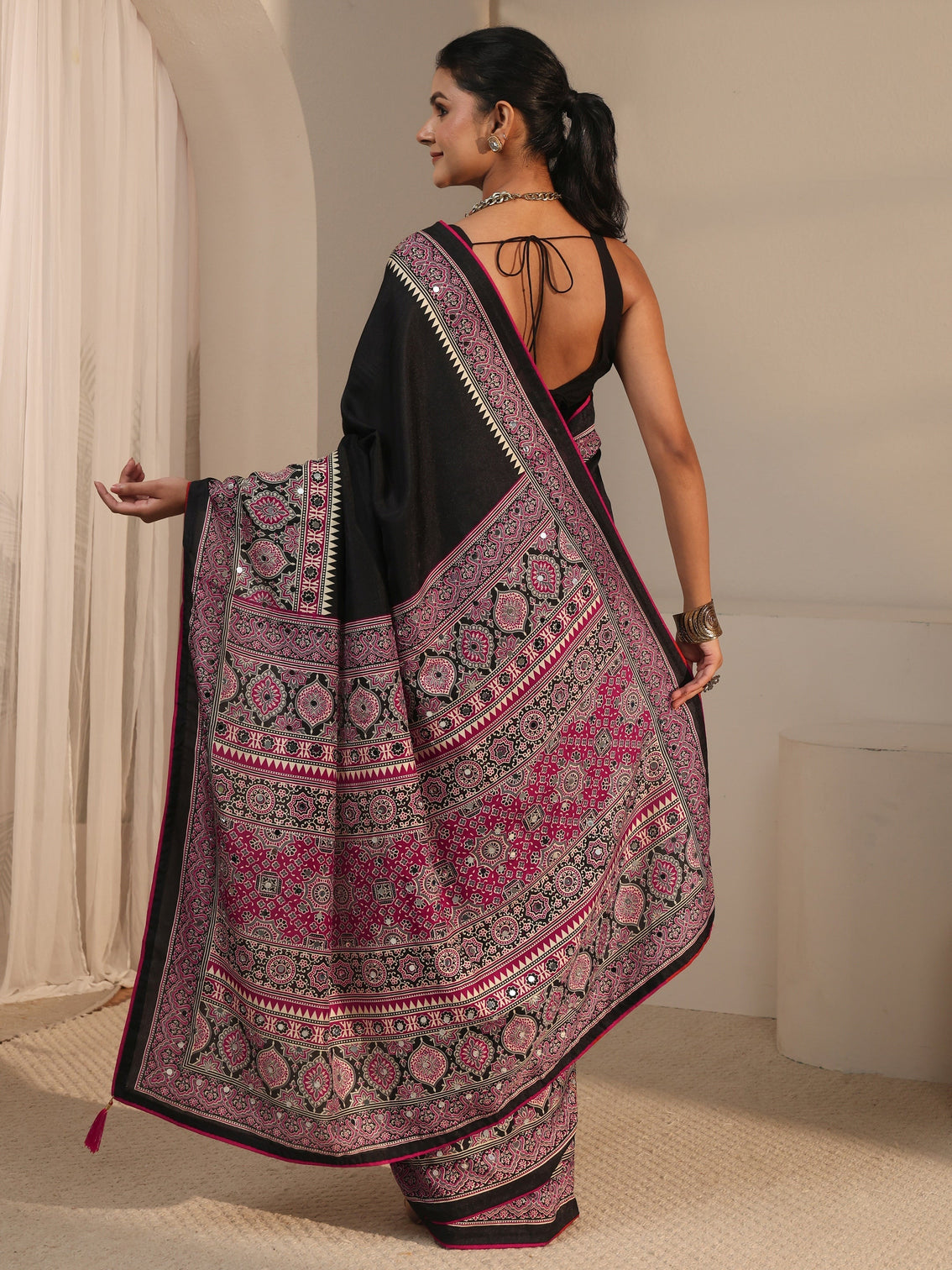 Mameraa Black Silk Blend Saree with Ajrakh Printed Pallu
