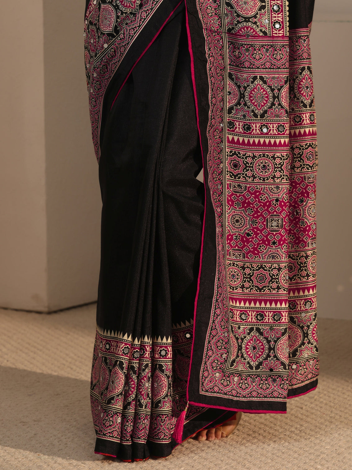Mameraa Black Silk Blend Saree with Ajrakh Printed Pallu