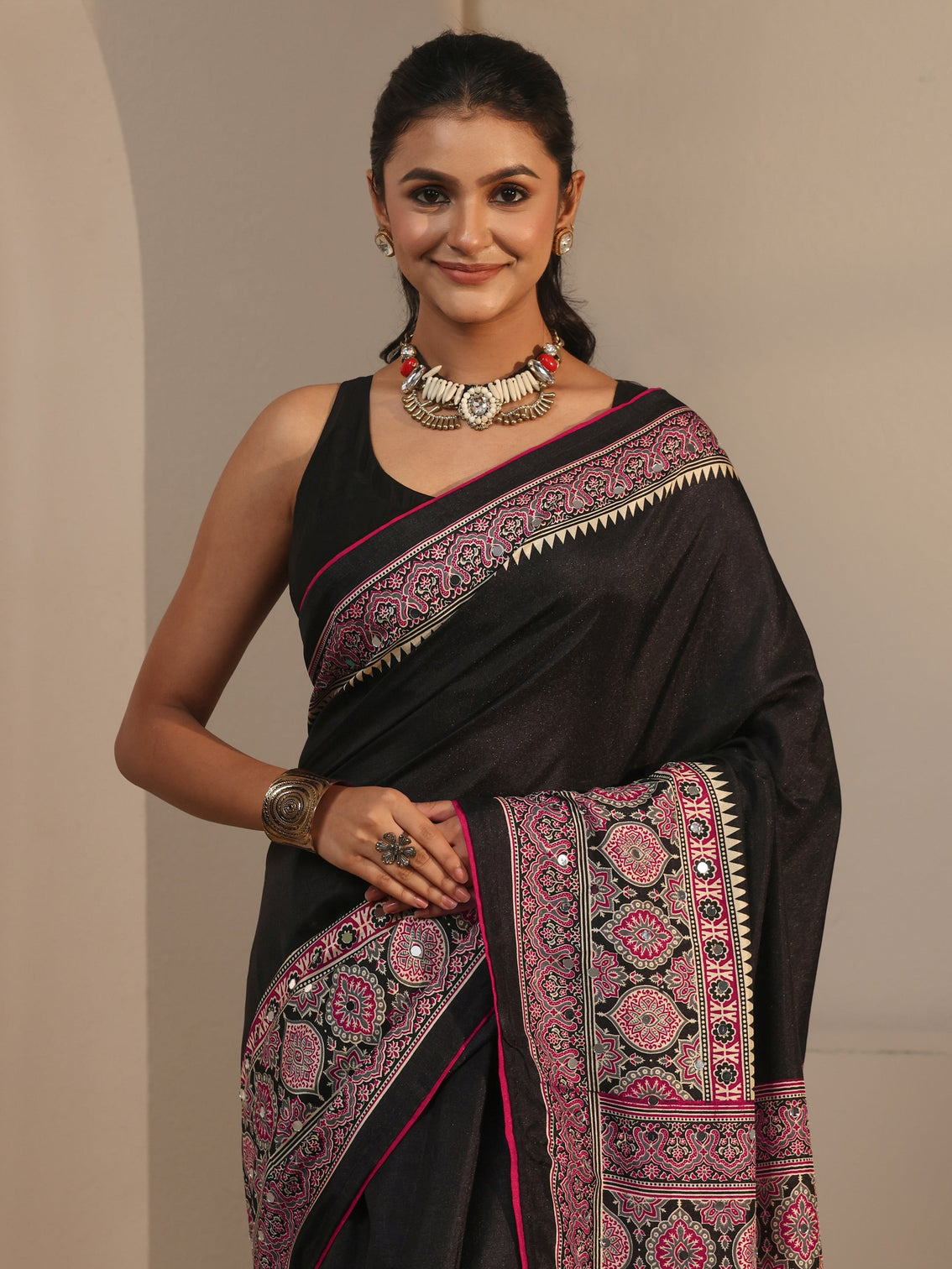 Mameraa Black Silk Blend Saree with Ajrakh Printed Pallu