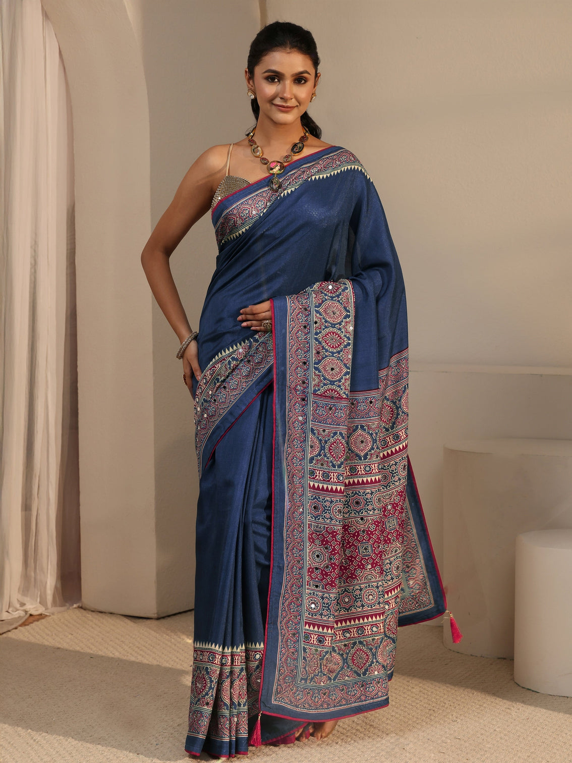 Mameraa Navy Blue Silk Blend Saree with Ajrakh Printed Pallu