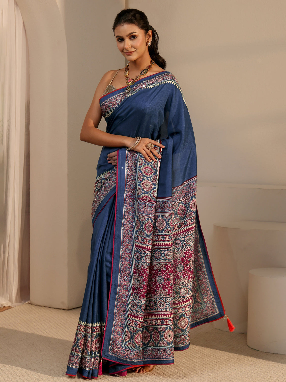 Mameraa Navy Blue Silk Blend Saree with Ajrakh Printed Pallu