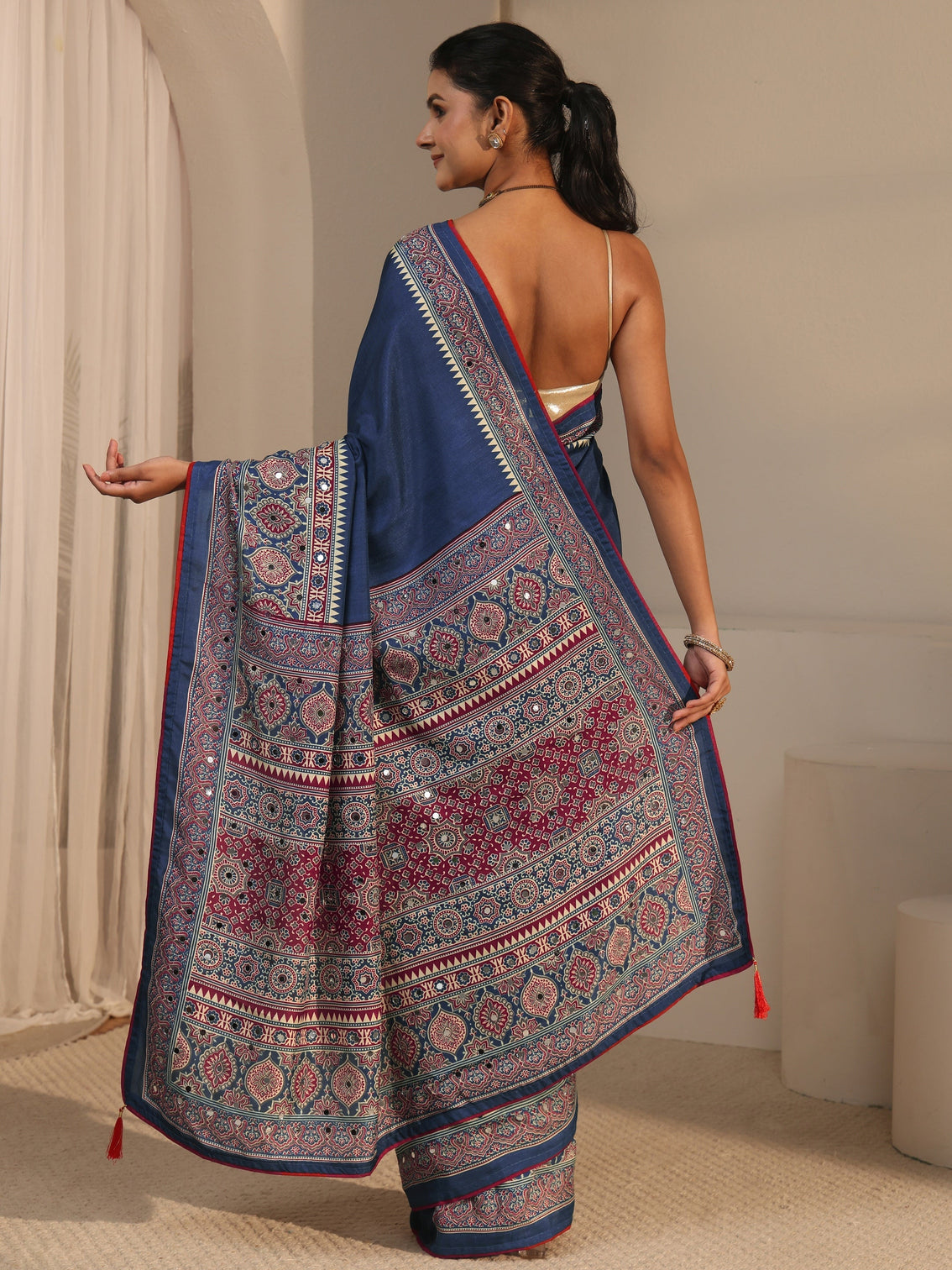 Mameraa Navy Blue Silk Blend Saree with Ajrakh Printed Pallu