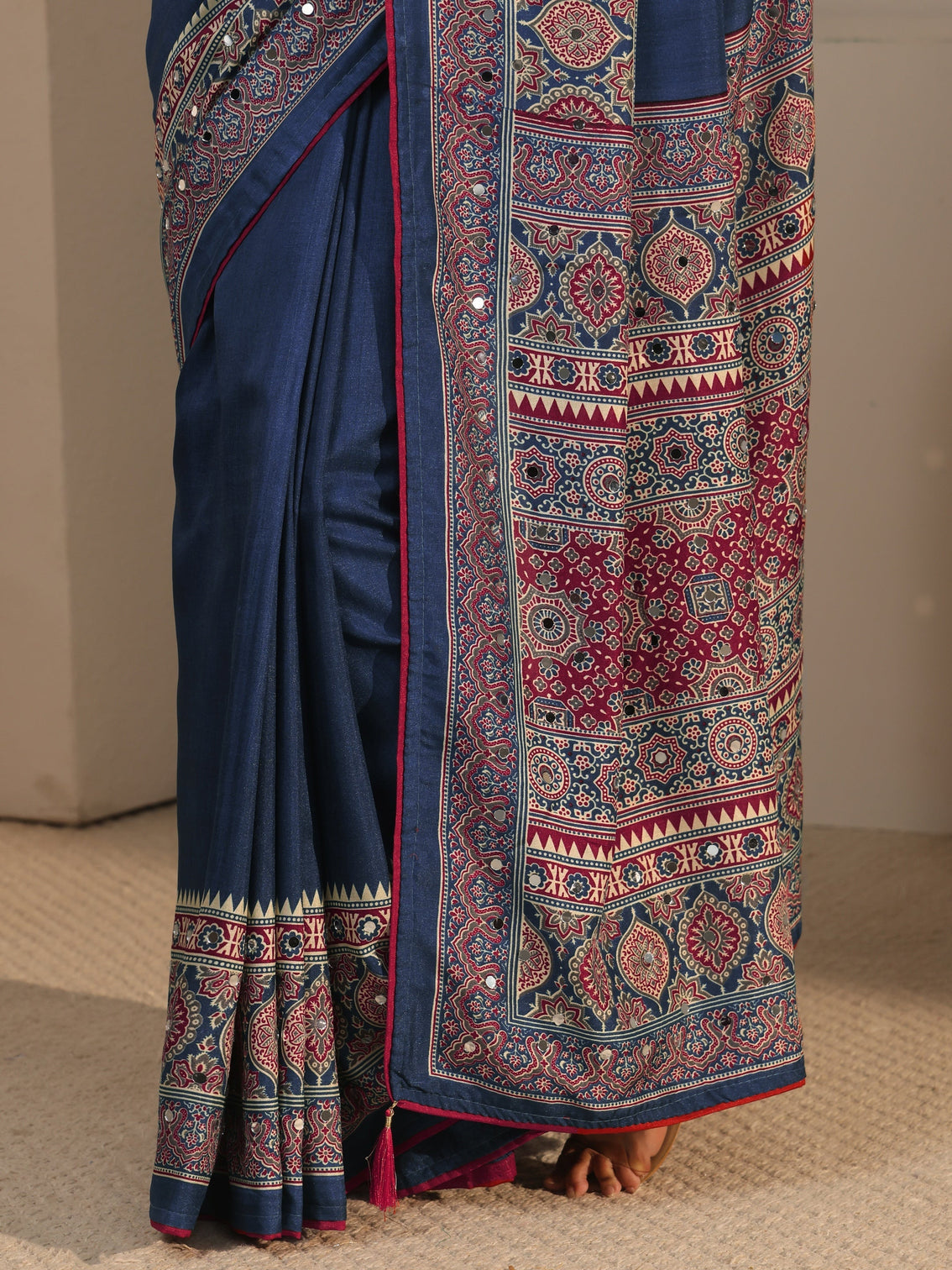 Mameraa Navy Blue Silk Blend Saree with Ajrakh Printed Pallu
