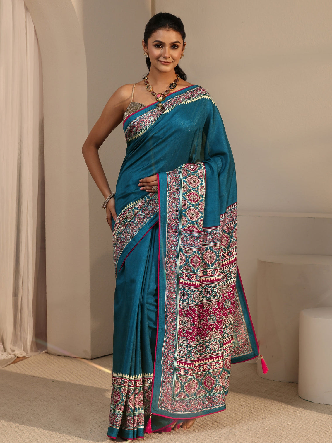 Mameraa Blue Silk Blend Saree with Ajrakh Printed Pallu