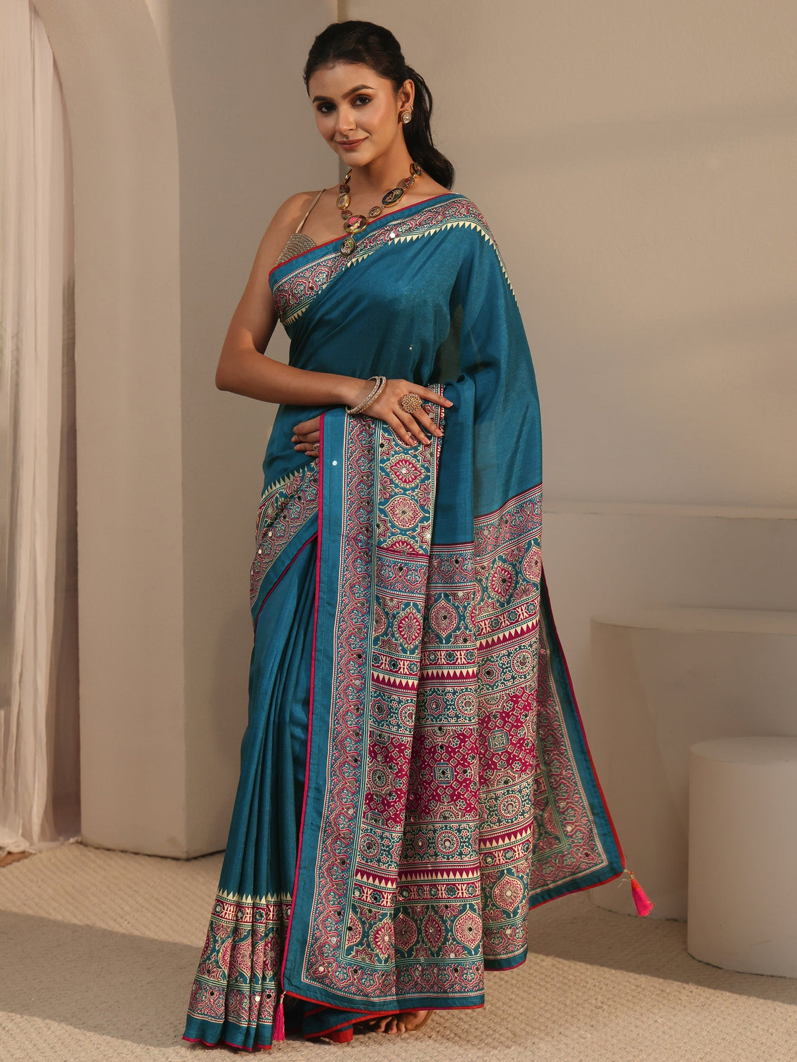 Mameraa Blue Silk Blend Saree with Ajrakh Printed Pallu