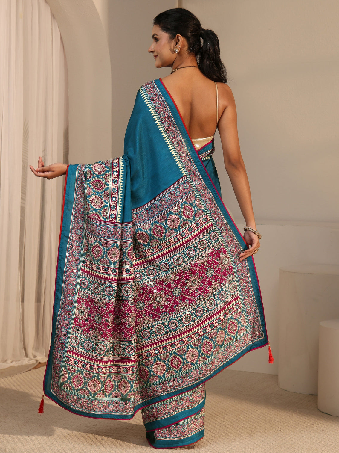 Mameraa Blue Silk Blend Saree with Ajrakh Printed Pallu