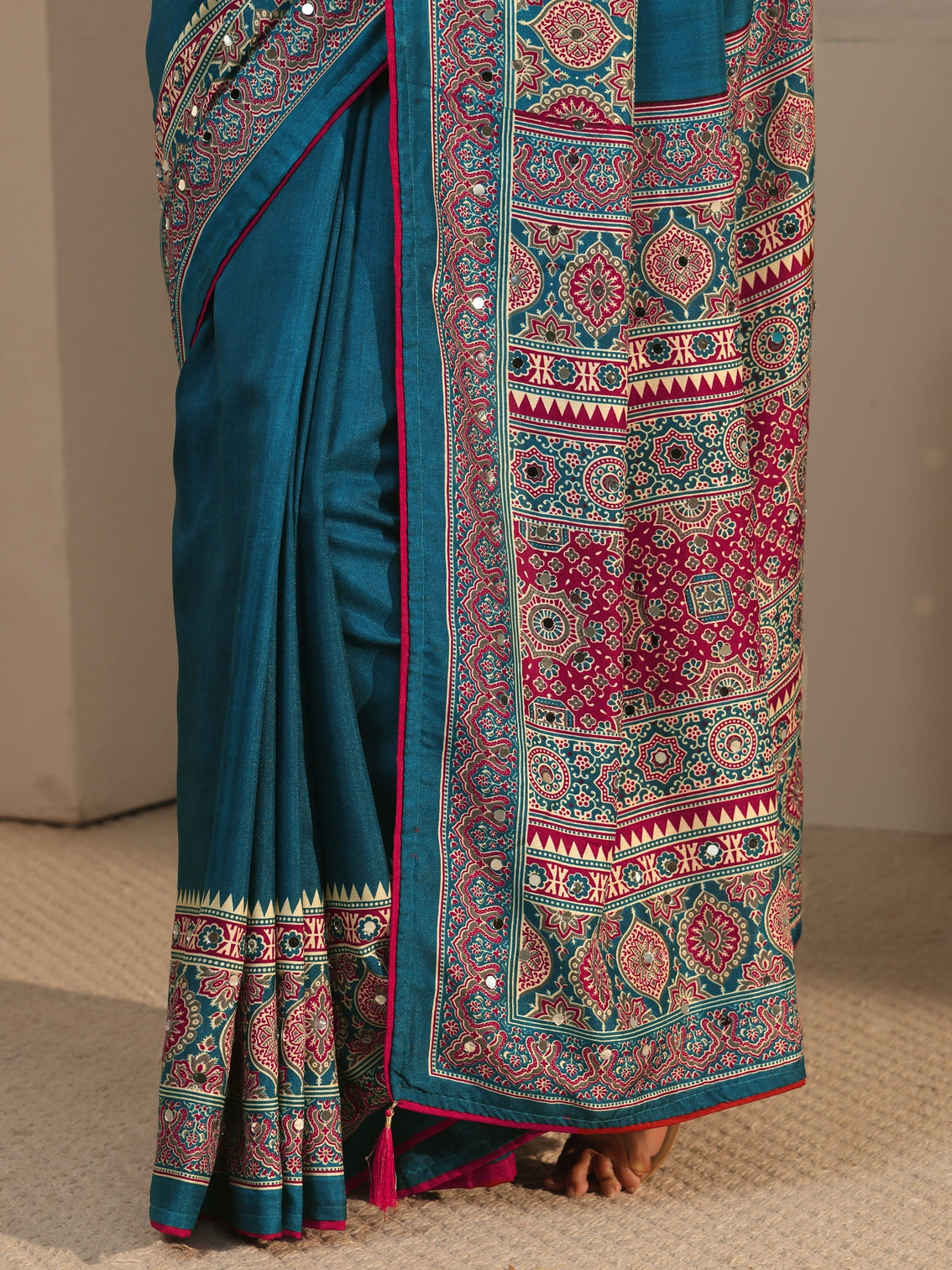 Mameraa Blue Silk Blend Saree with Ajrakh Printed Pallu
